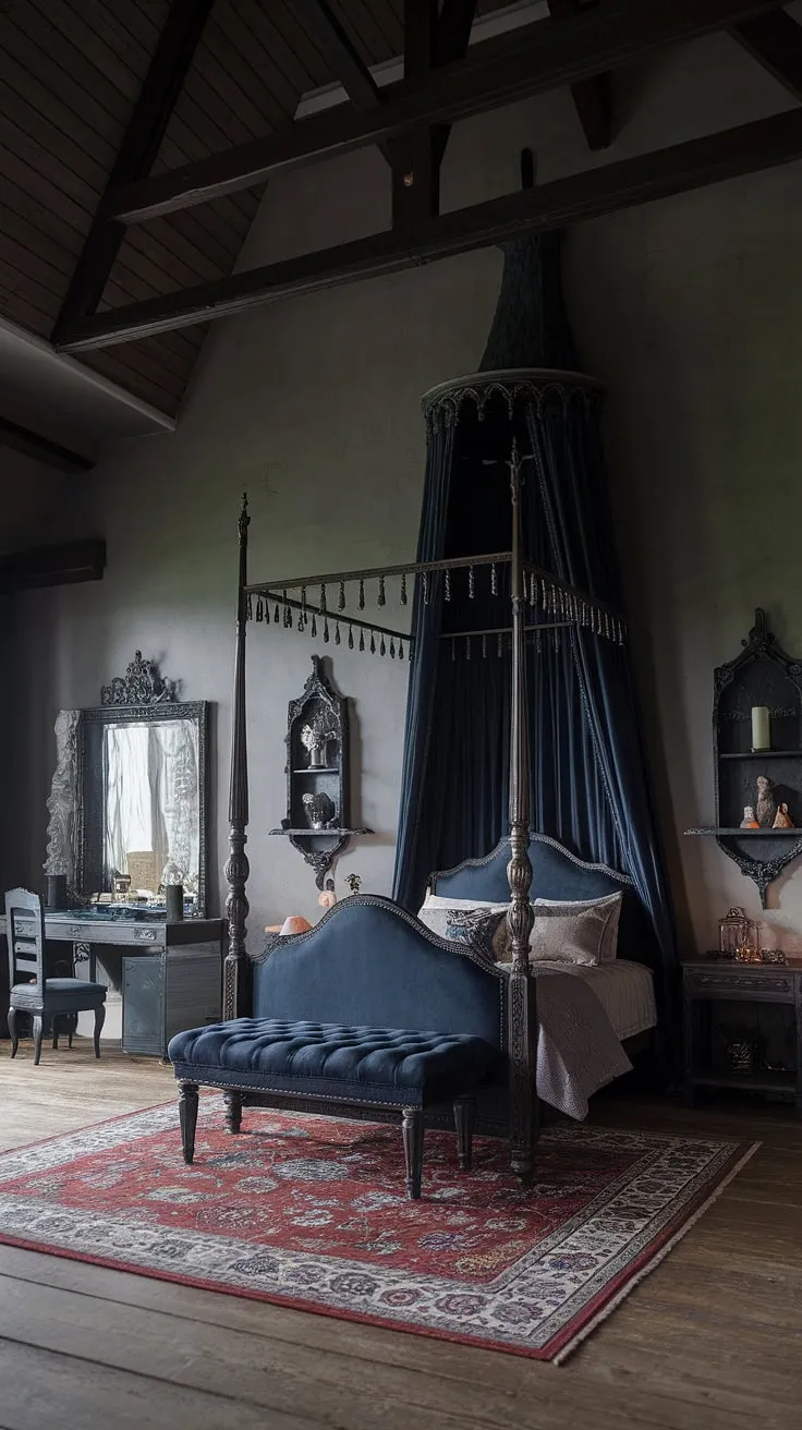 This gothic bedroom, a testament to brooding romance, invites you to surrender to its captivating allure. A symphony of dark hues and intricate details, it's a space where history and mystery intertwine. A place to lose yourself.