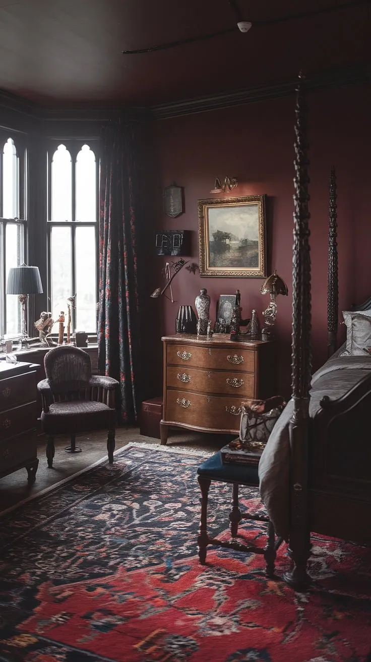 Lost in the opulent gloom of this gothic chamber, the four-poster bed beckons. A space where history and imagination intertwine, the deep red walls and antique furnishings create an atmosphere of captivating mystery. A truly unforgettable escape.