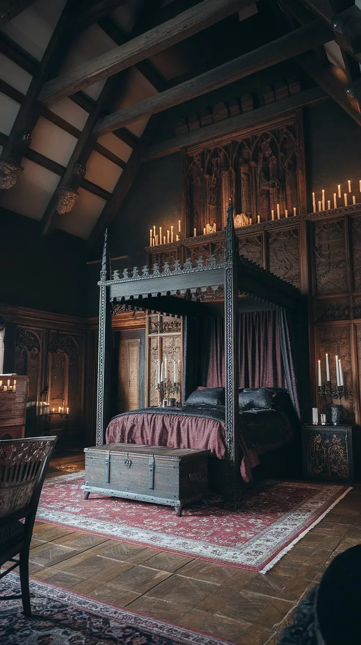 This gothic bedroom, a testament to timeless grandeur, invites you to surrender to its captivating allure. Intricate carvings and flickering candlelight dance across the walls, casting an enchanting glow upon the plush four-poster bed. A space where history breathes and imagination takes flight.