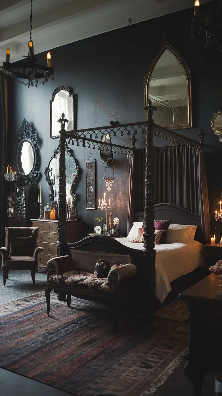 This Victorian-era bedroom, a masterpiece of gothic design, whispers tales of bygone eras. A symphony of dark woods, shimmering mirrors, and dramatic lighting creates an atmosphere both alluring and mysterious. A place where imagination reigns supreme.