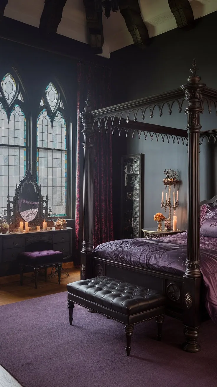Lost in the opulent shadows of this Victorian gothic bedroom, where velvet drapes and stained-glass windows whisper tales of forgotten elegance. The air hangs heavy with the scent of old books and midnight secrets. A sanctuary of brooding beauty, a place where dreams are spun from moonlight and mystery.