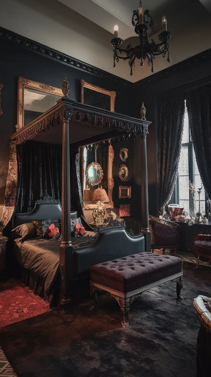 Lost in the opulent shadows of this gothic sanctuary, where velvet drapes whisper secrets and gilded frames hold forgotten tales. The air hangs heavy with mystery, a perfect haven for dreaming.
