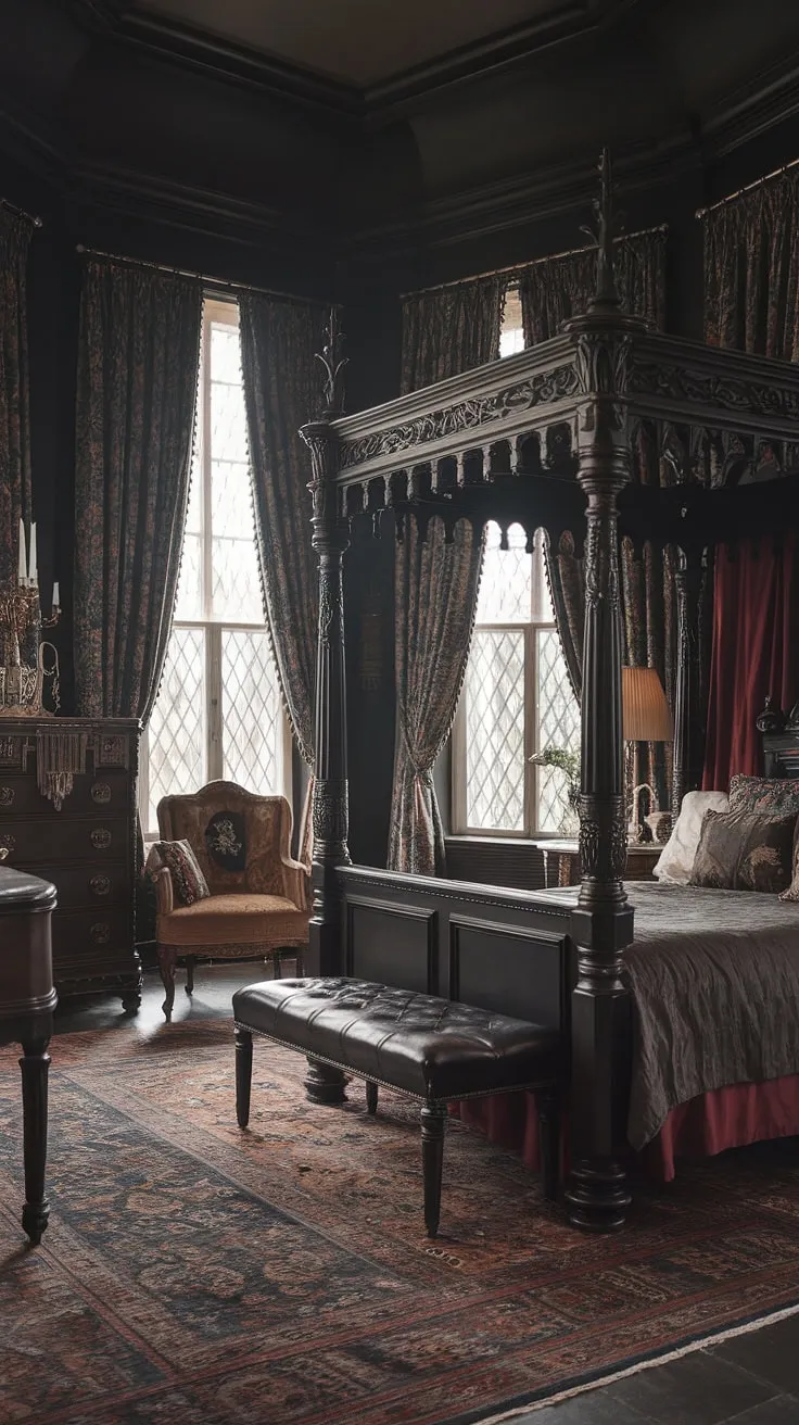 This gothic sanctuary whispers tales of bygone eras. Dark wood gleams under the soft light, highlighting the ornate details of the four-poster bed and antique dresser. A place where dreams are spun from shadows and secrets, a testament to enduring elegance and mysterious allure.