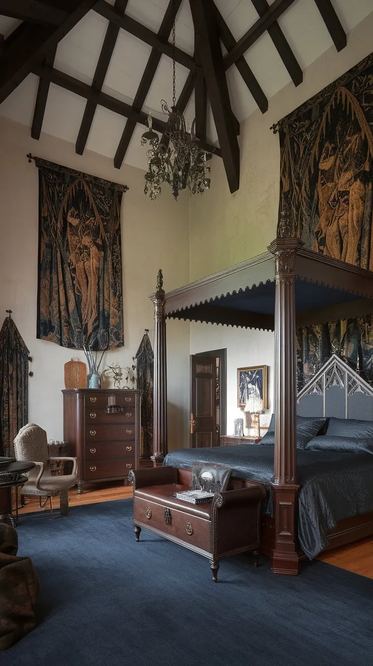 This gothic bedroom, a testament to brooding romance, invites you to surrender to its captivating allure. The rich textures and dramatic lighting weave a spell, promising nights of undisturbed slumber and days of inspired creativity.
