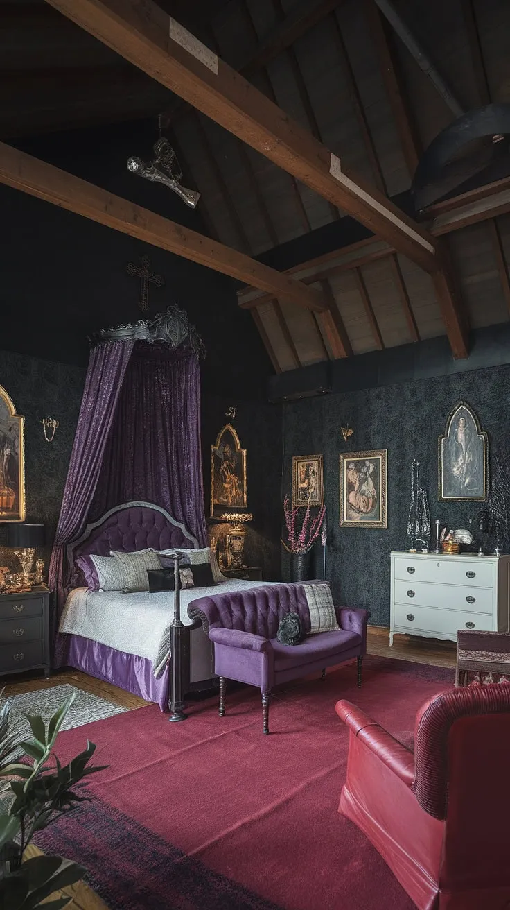 Lost in the opulent shadows of this gothic sanctuary, where velvet drapes and aged wood whisper tales of forgotten grandeur. The crimson rug underfoot, a splash of defiant color against the somber elegance, only enhances the room's captivating mystery.