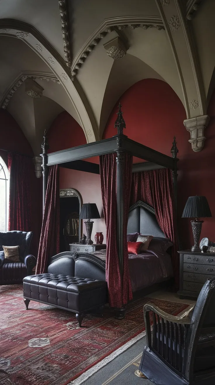 Crimson walls and shadowed arches frame a haven of gothic romance. A four-poster bed, draped in rich fabrics, beckons with promises of slumber and secrets. The air hangs heavy with the scent of aged wood and untold stories, a testament to the enduring allure of this darkly beautiful space. A sanctuary of quiet contemplation.