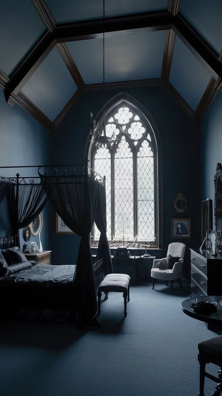 Lost in the shadows of this gothic sanctuary, where moonlight dances through intricate window panes and the air hangs heavy with secrets. A haven of dark romance, a place to dream and escape. A perfect blend of mystery and elegance.