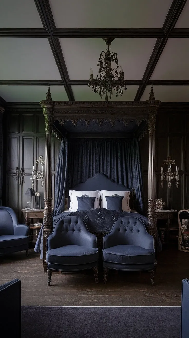Lost in the shadows of this Victorian gothic bedroom, where dark wood whispers secrets and the heavy drapes conceal a world of dreams. The air hangs heavy with the scent of aged wood and forgotten stories, a sanctuary of brooding elegance. A haven for quiet contemplation, a space where imagination thrives in the dimly lit corners.