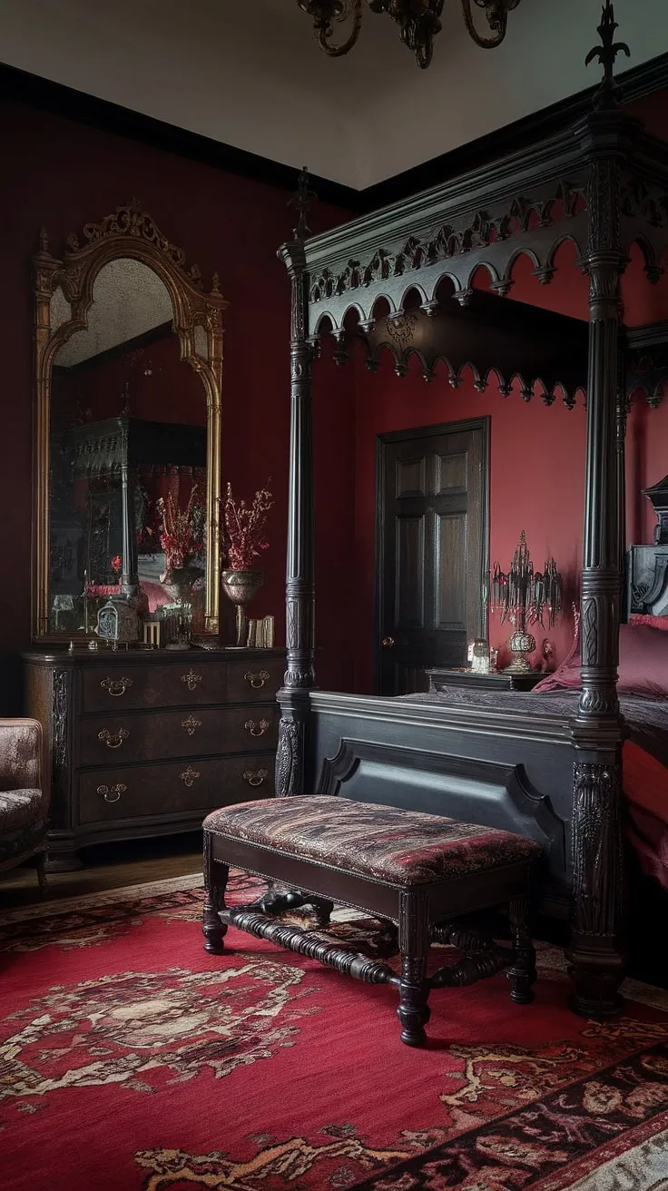 A deep red room, steeped in Victorian grandeur. The carved wood dresser, the imposing four-poster bed, and the gilded mirror all speak to a bygone era of opulent darkness. A place of quiet contemplation, a refuge from the mundane, and a space where the past and present intertwine in a captivating display of gothic artistry.
