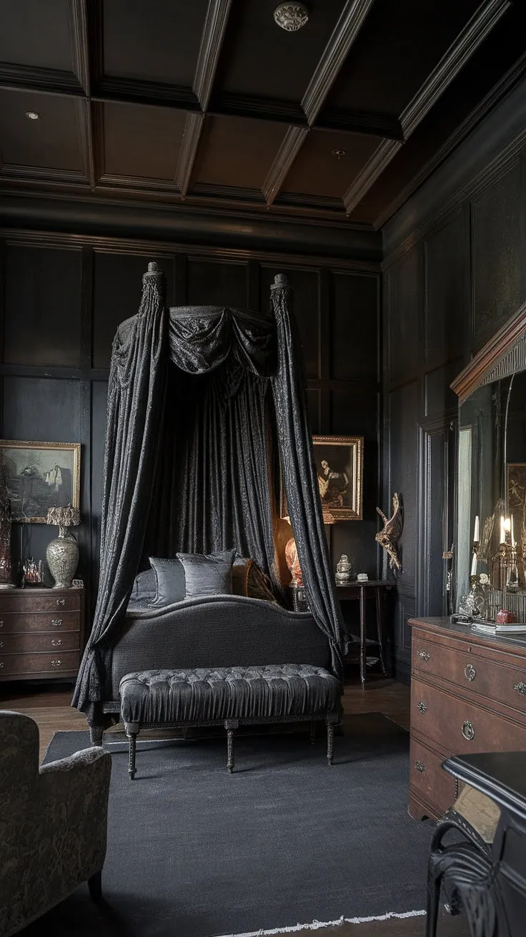 This gothic bedroom, a testament to Victorian elegance, invites you to step into a world of brooding romance. Dark fabrics, rich textures, and a sense of quiet grandeur create an atmosphere of captivating allure. A haven of shadows and secrets, it's a space where imagination reigns supreme.