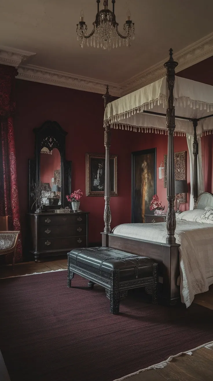 Crimson walls and shadowed corners tell a story of ages past. This gothic bedroom, with its four-poster bed and antique dresser, is a testament to enduring elegance. A space where history breathes and imagination takes flight. A place of quiet solitude and captivating beauty.