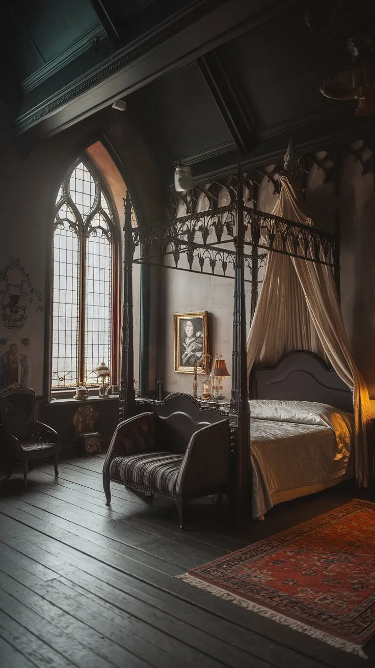 This gothic haven, with its high ceilings and rich textures, offers a refuge from the mundane. A symphony of dark wood, intricate carvings, and the soft glow of a nearby lamp creates an atmosphere both dramatic and inviting. The stained-glass window, a breathtaking focal point, paints the room with vibrant hues, a stark contrast to the prevailing darkness. A perfect place to lose yourself in dreams.