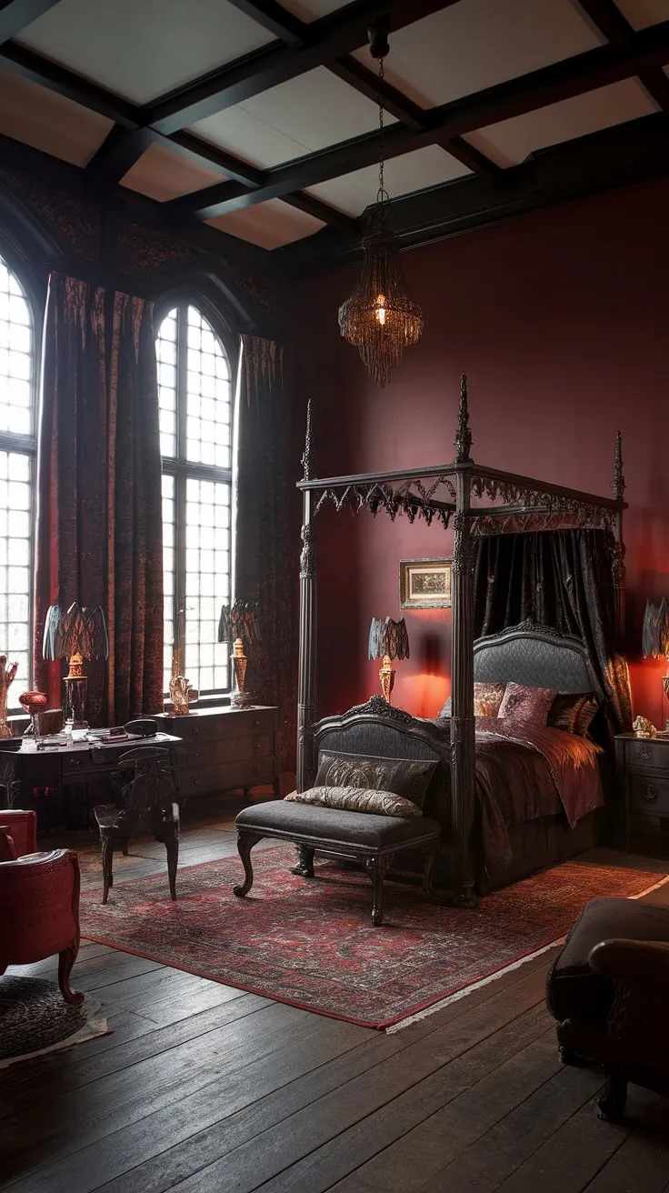 Deep within this crimson-walled sanctuary, time seems to slow, its gothic elegance a captivating blend of mystery and grandeur. The heavy drapes conceal a world unseen, while the aged wood and intricate carvings whisper tales of bygone eras. A place where imagination reigns supreme.