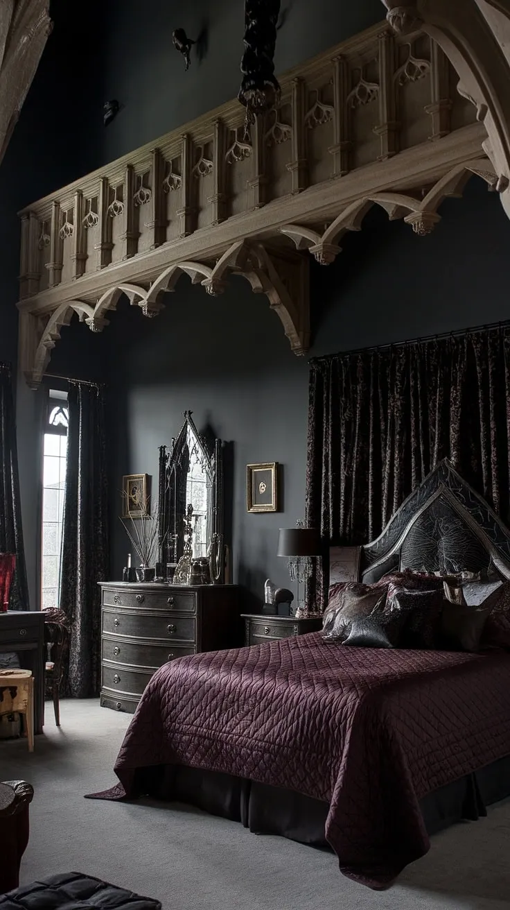 This dimly lit gothic bedroom, with its high ceilings and ornate woodwork, is a testament to dramatic design. The dark grey walls and rich textures create an atmosphere of captivating mystery, a space where dreams are born under the watchful gaze of ancient carvings. A perfect escape into the sublime.