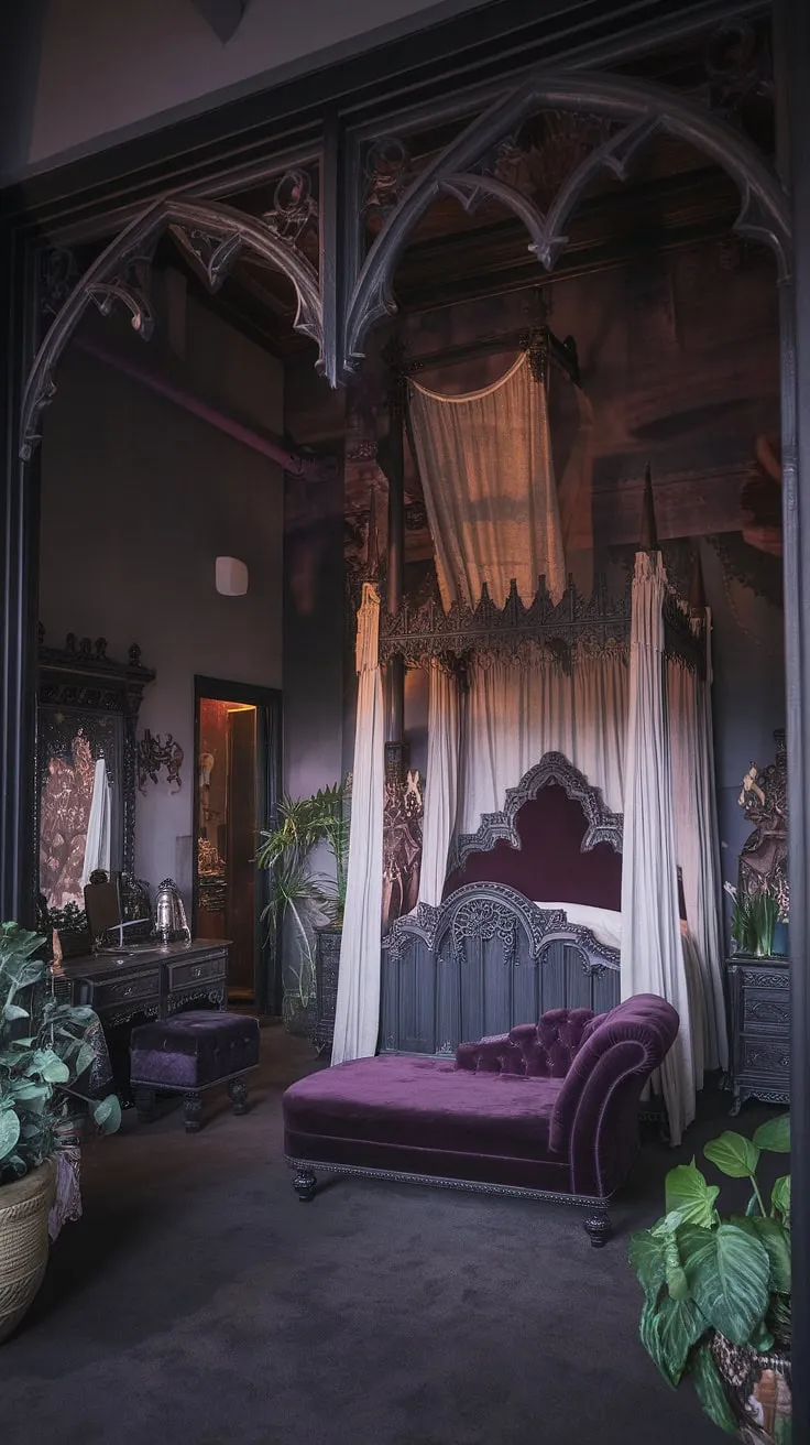 This gothic bedroom, a testament to brooding elegance, invites you to surrender to its captivating allure. The rich textures, the deep hues, the antique details-a sanctuary of quiet contemplation and dramatic beauty. A space where imagination reigns supreme.
