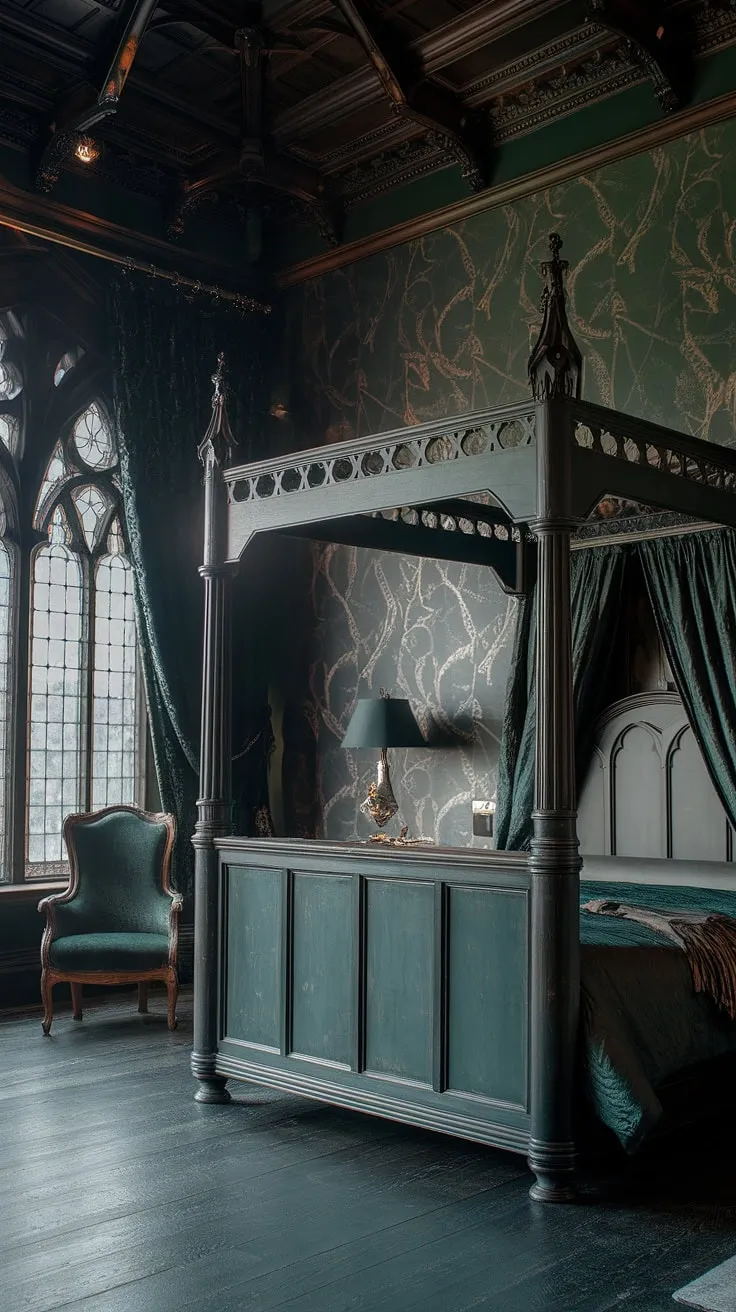 Lose yourself in the shadowy elegance of this gothic bedroom. The deep green walls, adorned with interwoven branches and flowers, whisper tales of mystery and enchantment. The handcrafted details, from the high ceiling to the plush chair, invite you to sink into a world of captivating darkness and timeless beauty.