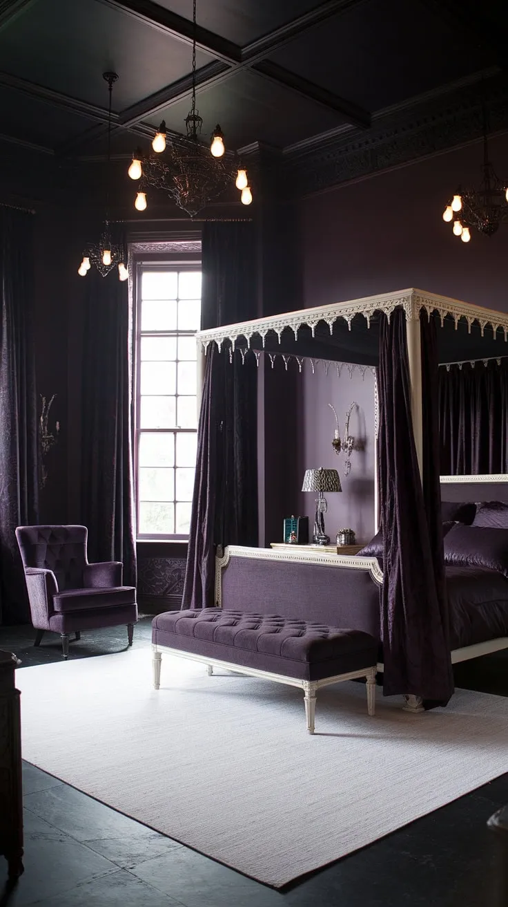 This darkly romantic sanctuary, a blend of gothic grandeur and Victorian elegance, invites you to surrender to its captivating allure. The rich purple walls, the intricately designed light fixtures, and the luxurious canopy bed create an atmosphere of both mystery and comfort. A perfect escape for those who appreciate the beauty of shadows and the allure of the unknown.