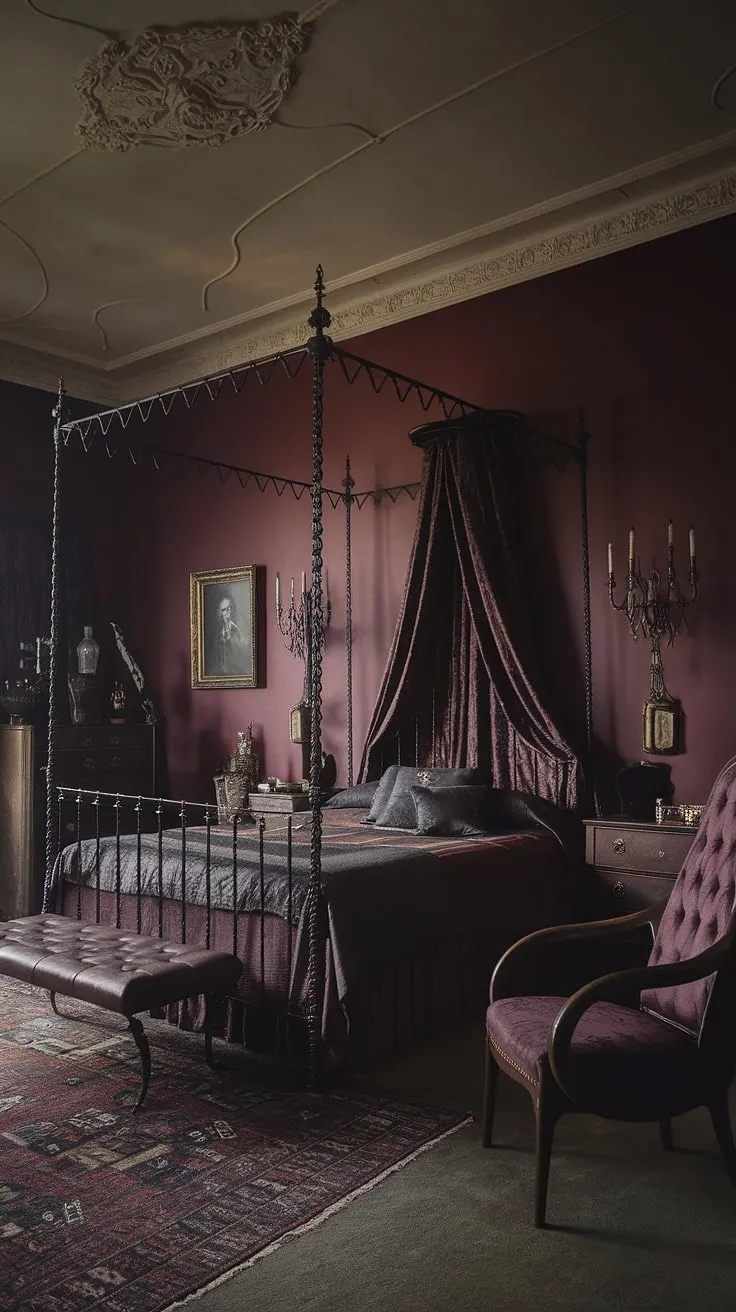 This gothic bedroom, a testament to Victorian elegance, invites you to surrender to its darkly alluring embrace. The rich textures, dramatic lighting, and antique furniture weave a captivating narrative of mystery and refined decadence. A haven for the soul seeking solace in shadows.