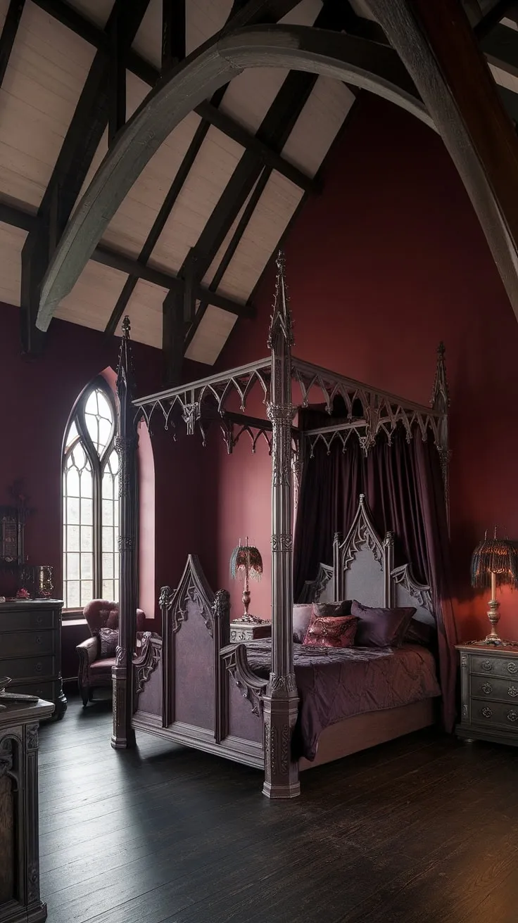 Lose yourself in the opulent darkness of this gothic sanctuary, where rich burgundy walls and towering arches create an atmosphere of brooding romance. The intricately carved bed, a centerpiece of shadowy grandeur, promises nights of undisturbed dreams.