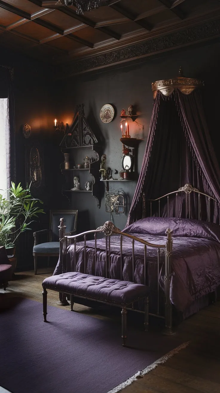 Lost in the opulent shadows of a Victorian gothic dreamscape. The rich purples and intricate details whisper tales of forgotten elegance, a sanctuary where time stands still. A haven of quiet contemplation, this room breathes history.