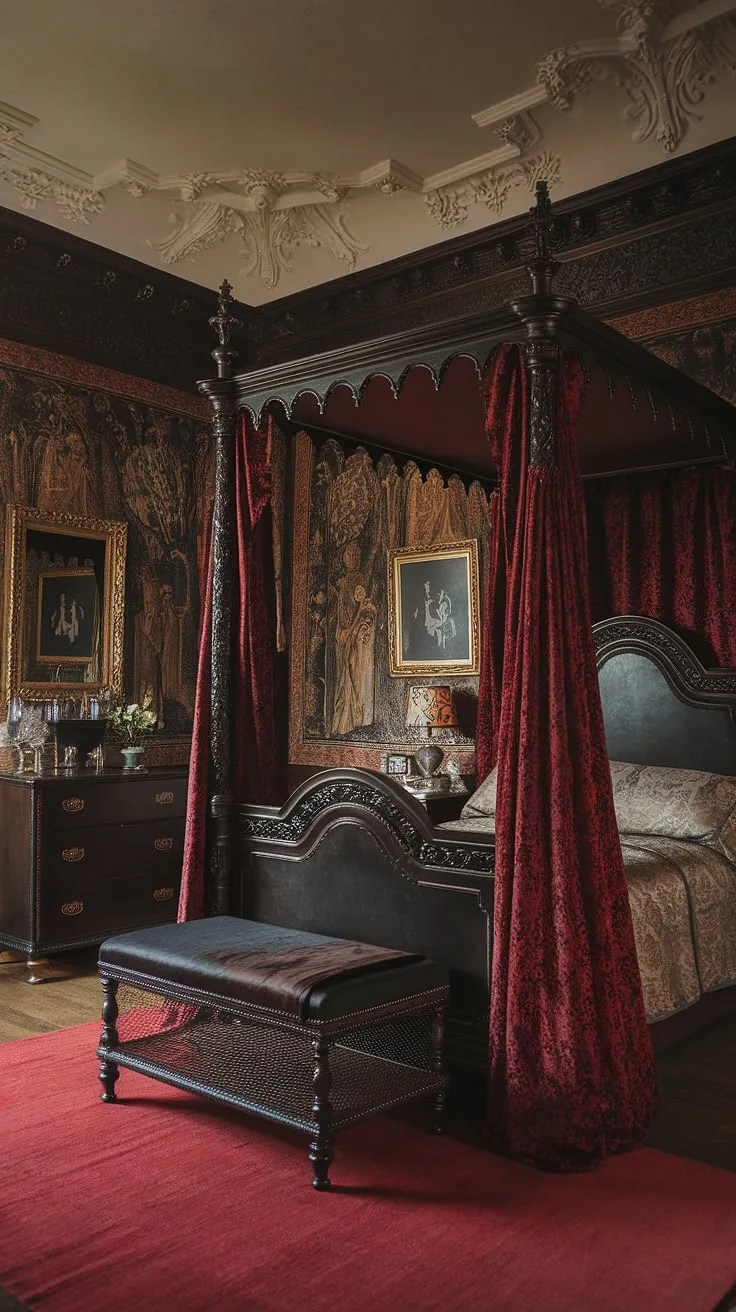 Lost in the opulent shadows of a Victorian gothic bedroom, where rich red velvet drapes and dark wood whisper tales of forgotten elegance. The ornate plasterwork ceiling and antique furnishings create an atmosphere of captivating mystery. A sanctuary of brooding romance, this space is a testament to timeless beauty.