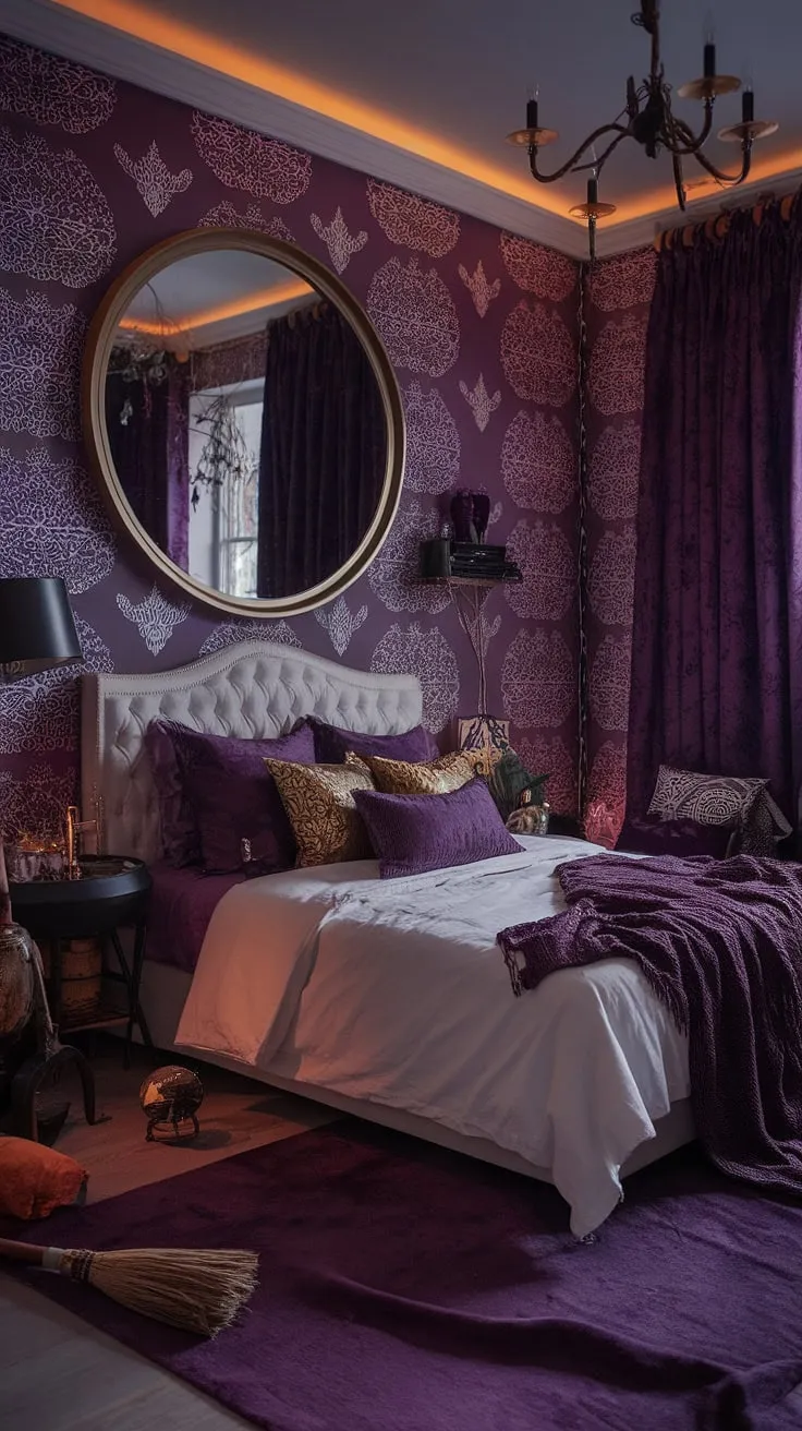 Embrace the shadows and the sunlight. This maximalist whisigoth bedroom, a blend of gothic boho and moody cottage core, offers a dark boho bedroom aesthetic perfect for those seeking an alternative bedroom aesthetic.  Dark witch aesthetic details complete the look, providing moody rooms inspiration for a truly unique gothic apartment bedroom.  A boho gothic bedroom where dreams are spun from moonlight and mystery.
