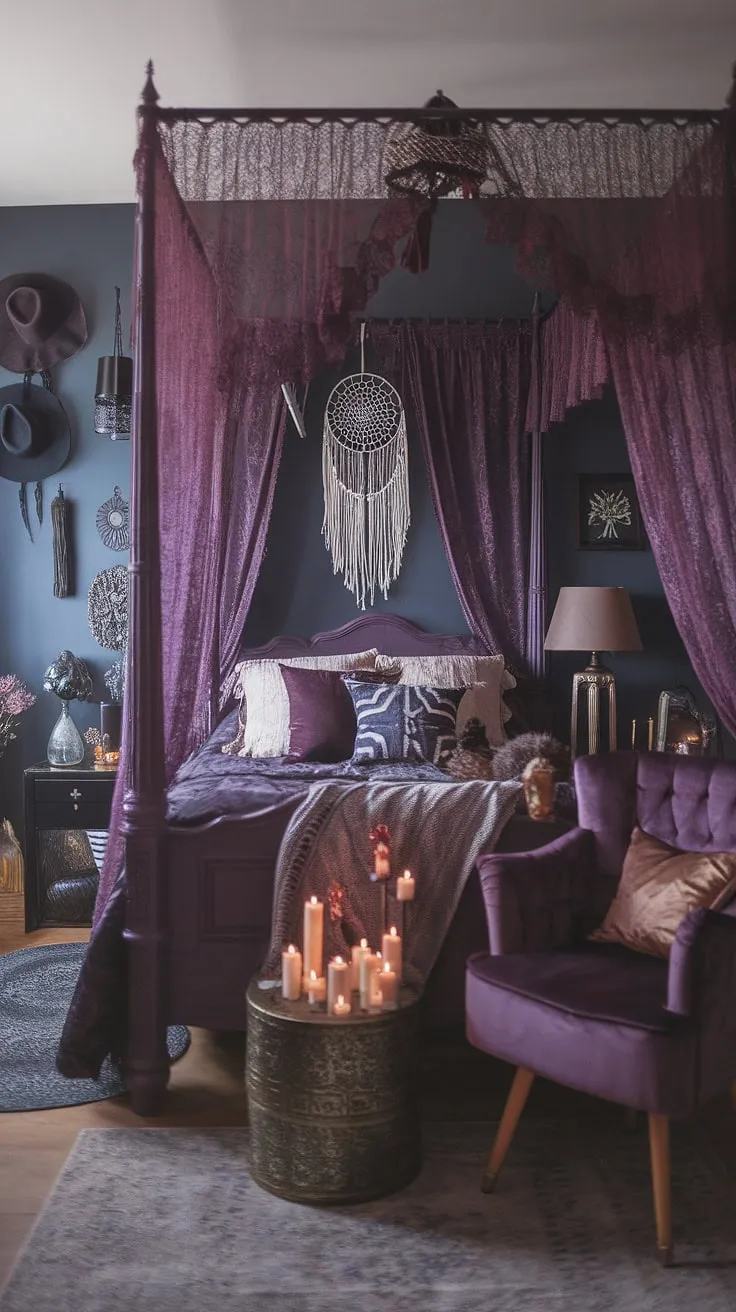 Step into a dark boho bedroom aesthetic, a gothic apartment bedroom transformed into a dreamy sanctuary. This maximalist whisigoth bedroom boasts a moody cottage core feel, blending gothic boho bedroom elements with a dark witch aesthetic for an unforgettable alternative bedroom aesthetic. Find your moody rooms inspiration here.