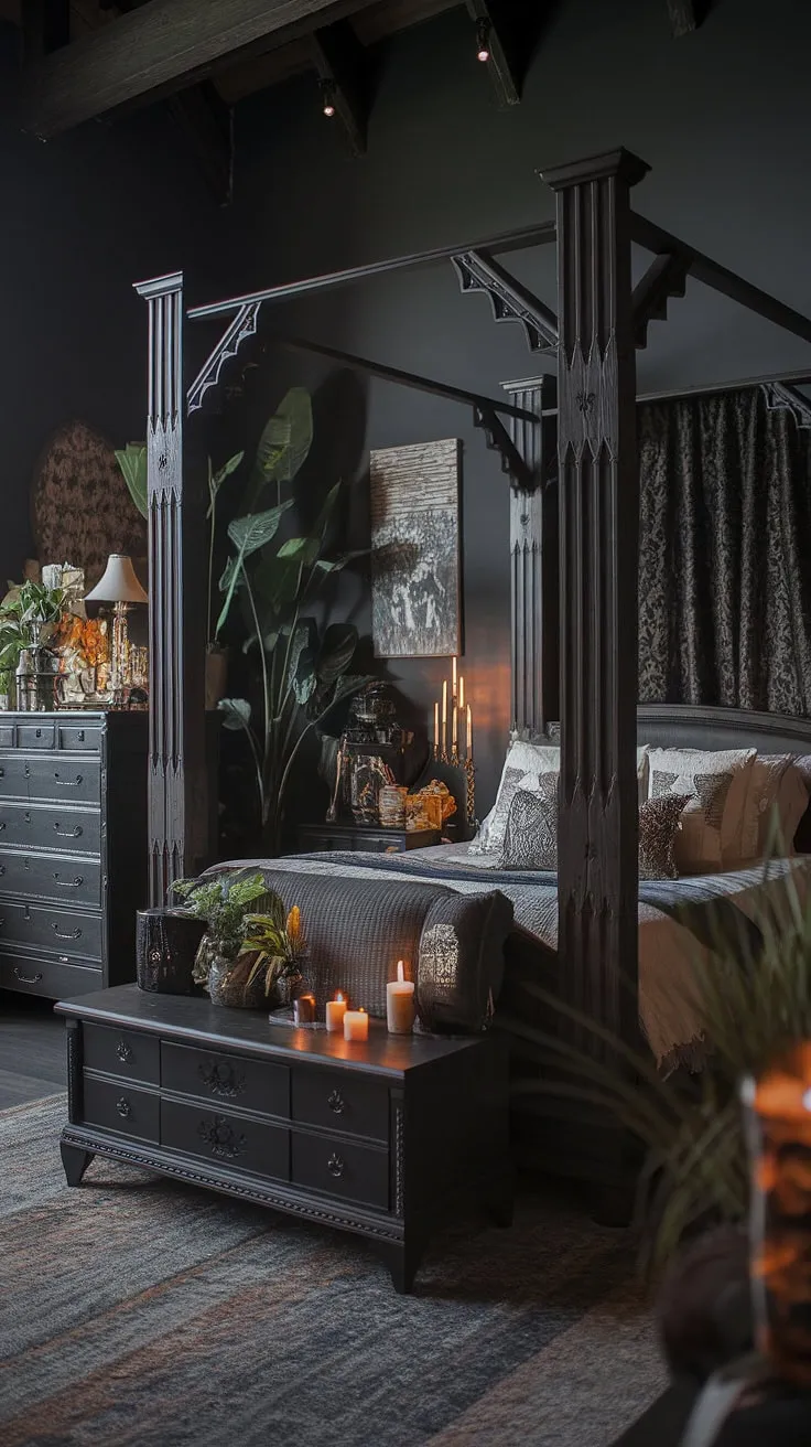 A dark witch aesthetic bedroom takes center stage in this gothic apartment bedroom.  The boho gothic bedroom design, a blend of maximalist whisigoth and moody cottage core elements, creates a truly alternative bedroom aesthetic. Find your moody rooms inspiration within this dark boho bedroom aesthetic.