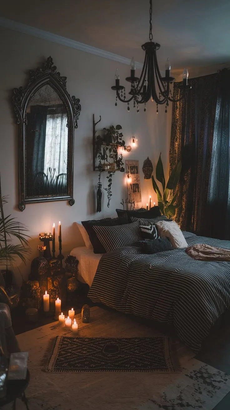 Embrace the shadows and the sunlight. This maximalist whisigoth bedroom, a blend of gothic boho and moody cottage core, offers a dark boho bedroom aesthetic perfect for those seeking an alternative bedroom aesthetic.  Dark witch aesthetic vibes meet cozy comfort in this moody rooms inspiration, a gothic apartment bedroom reimagined.