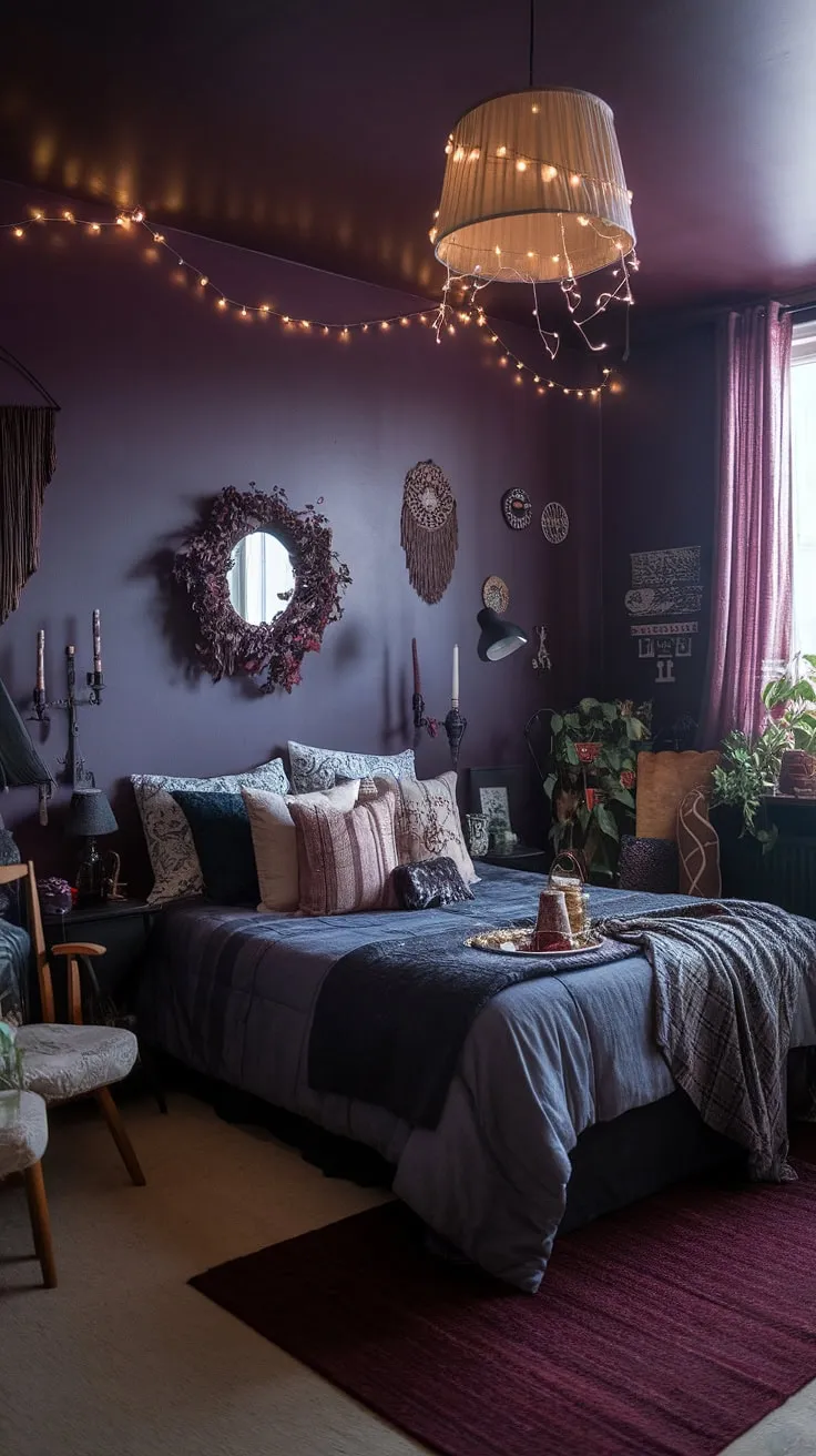 Embrace the enchanting darkness of this gothic boho bedroom, a maximalist whisigoth haven where moody cottage core charm meets a dark boho aesthetic.  This alternative bedroom aesthetic, a dark witch aesthetic bedroom reimagined, offers moody rooms inspiration for those seeking a unique and captivating space.