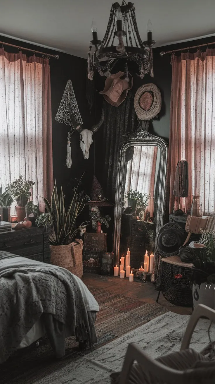 Escape to this moody cottage core bedroom, a gothic boho bedroom brimming with character.  This dark witch aesthetic bedroom showcases a captivating alternative bedroom aesthetic, a maximalist whisigoth bedroom design that's perfect for moody rooms inspiration.  The gothic apartment bedroom's dark and dramatic ambiance is balanced by the bohemian touches, creating a truly enchanting boho gothic bedroom.