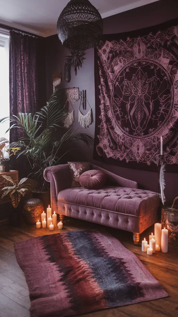 A dark witch aesthetic bedroom meets bohemian dreams in this gothic apartment bedroom.  The maximalist whisigoth details and moody cottage core elements create a captivating dark boho bedroom aesthetic, offering a fresh take on the alternative bedroom aesthetic and plenty of moody rooms inspiration for your own gothic boho bedroom design.