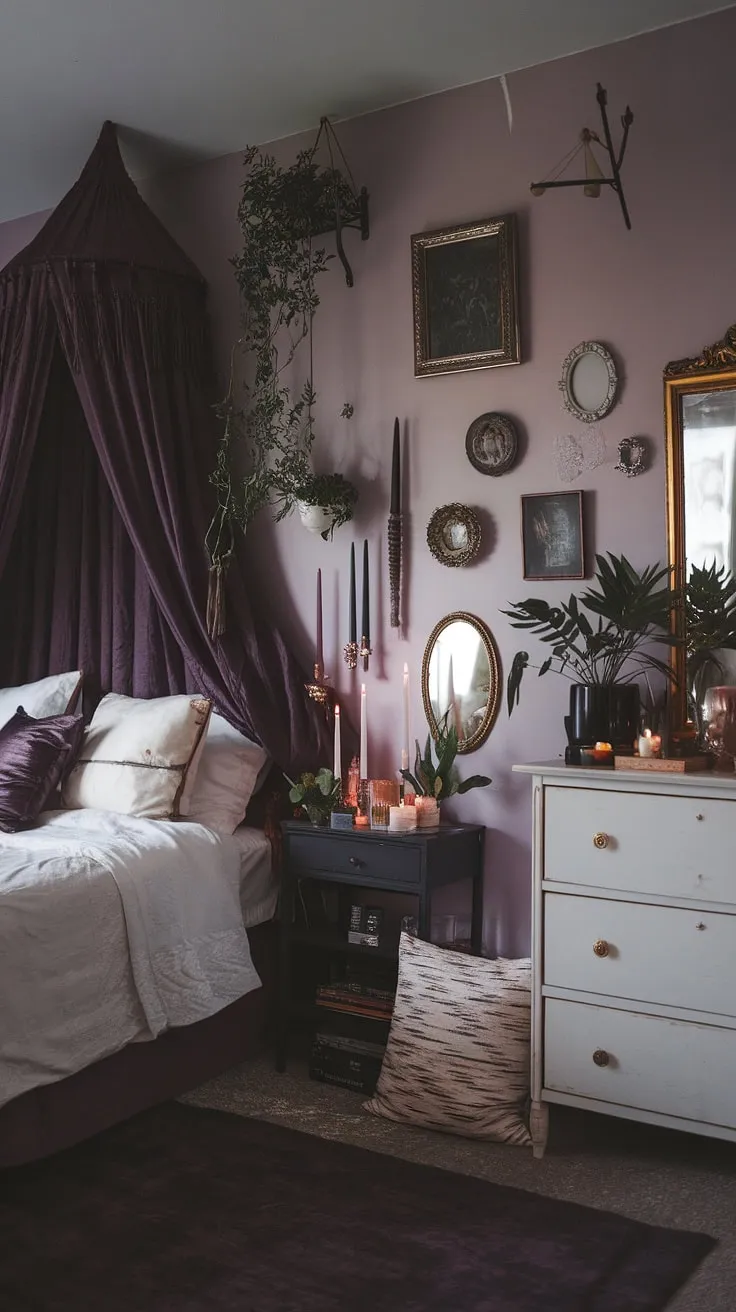 Escape to this gothic boho bedroom, a maximalist whisigoth sanctuary where moody cottage core charm meets a dark witch aesthetic.  The alternative bedroom aesthetic is complete with a dark purple canopy bed, vintage finds, and lush greenery, offering moody rooms inspiration for your own gothic apartment bedroom.