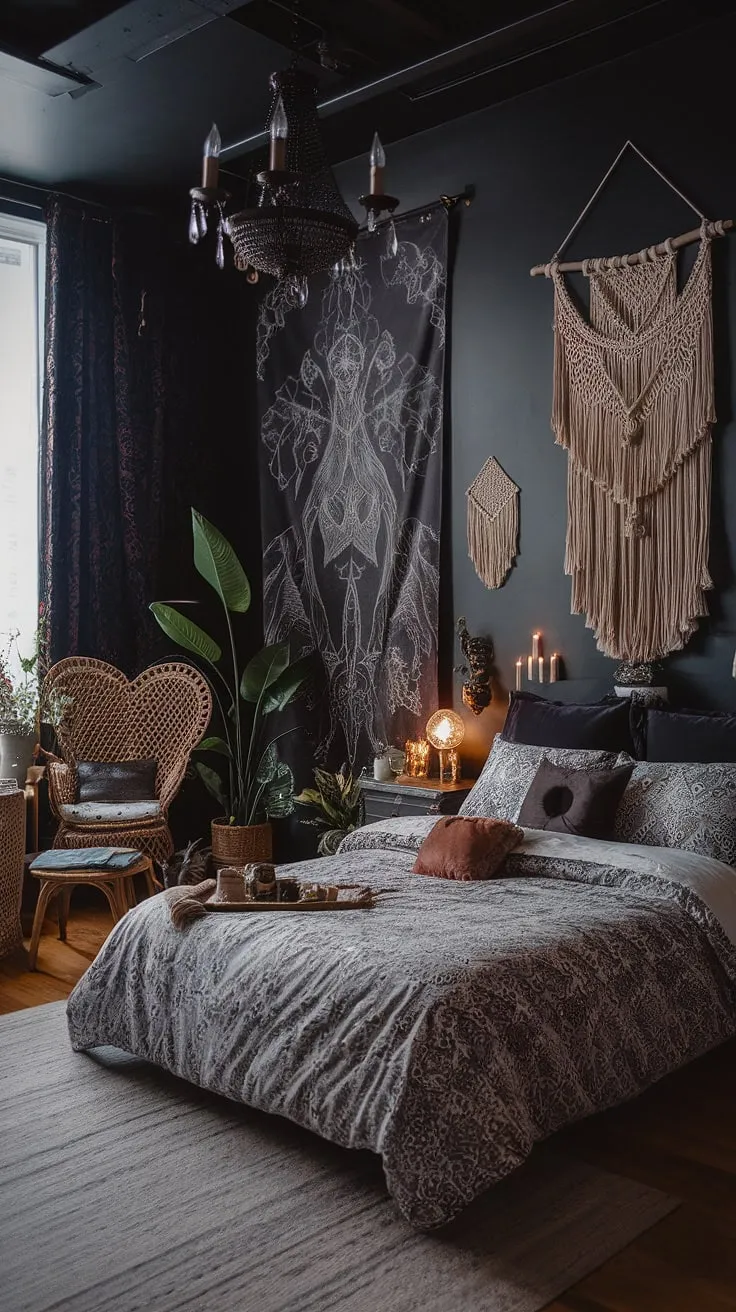 Embrace the shadows and the sunlight. This maximalist whisigoth bedroom, a blend of gothic boho and moody cottage core, showcases a dark boho bedroom aesthetic with a touch of dark witch aesthetic.  It's an alternative bedroom aesthetic perfect for moody rooms inspiration, a gothic apartment bedroom reimagined.