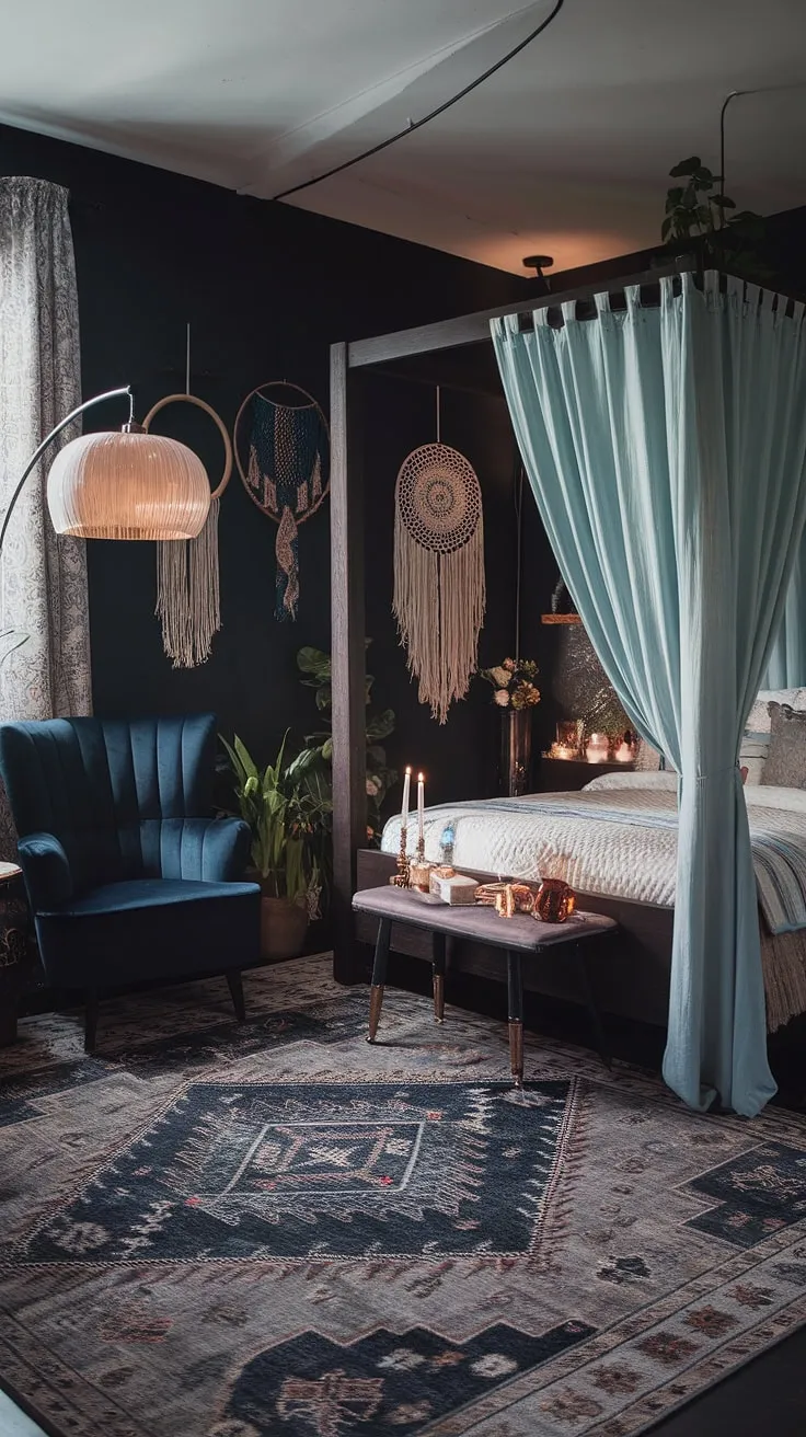 A dark witch aesthetic bedroom reigns in this gothic apartment bedroom, a captivating blend of boho gothic and maximalist whisigoth styles.  Find moody rooms inspiration in this alternative bedroom aesthetic, where dark boho bedroom decor creates a truly enchanting and unique space.