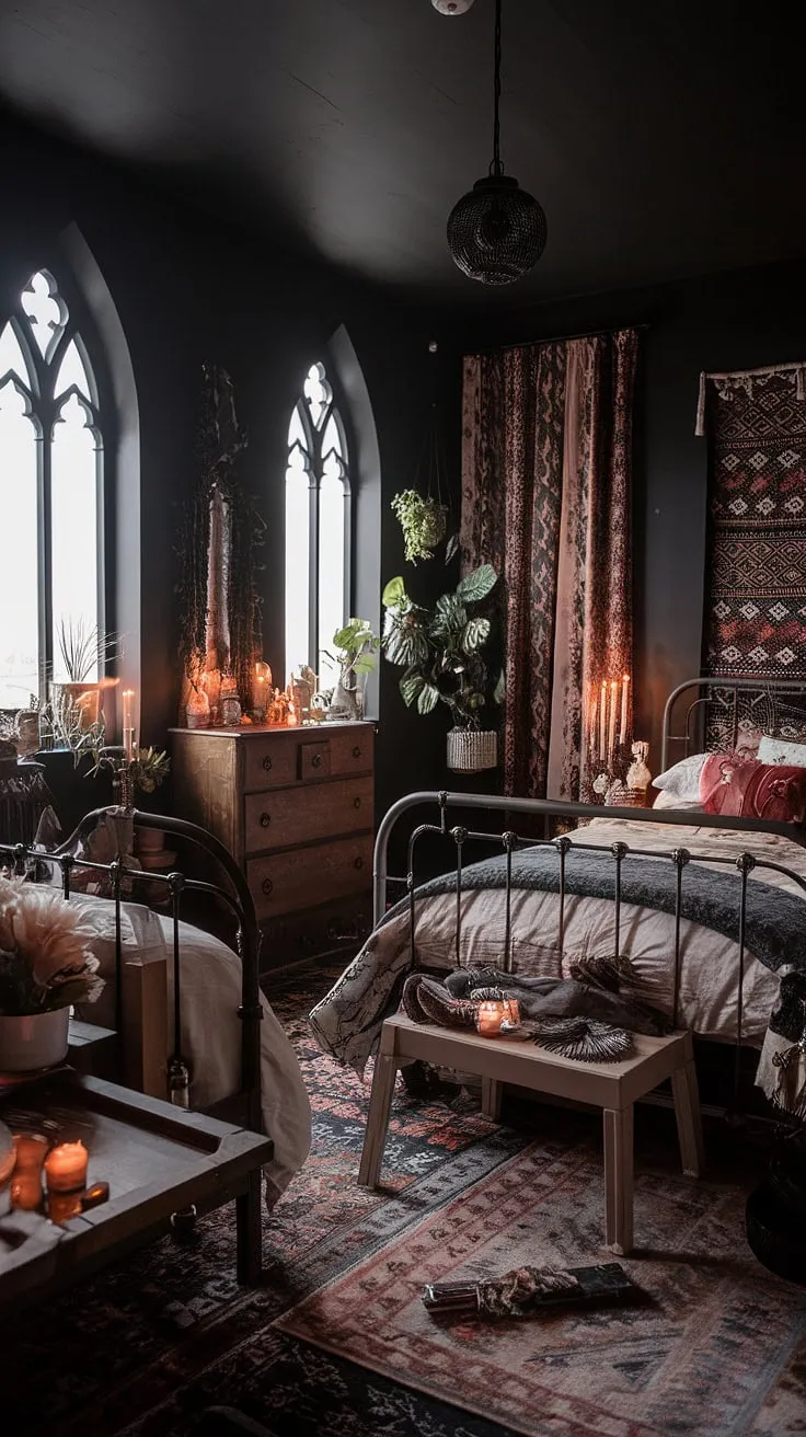 Indulge in the opulent darkness of this maximalist whisigoth bedroom.  A gothic boho bedroom with a moody cottage core feel, this dark boho bedroom aesthetic showcases a captivating blend of gothic architectural details and bohemian charm.  Find your moody rooms inspiration in this alternative bedroom aesthetic, a true dark witch aesthetic bedroom within a gothic apartment bedroom.