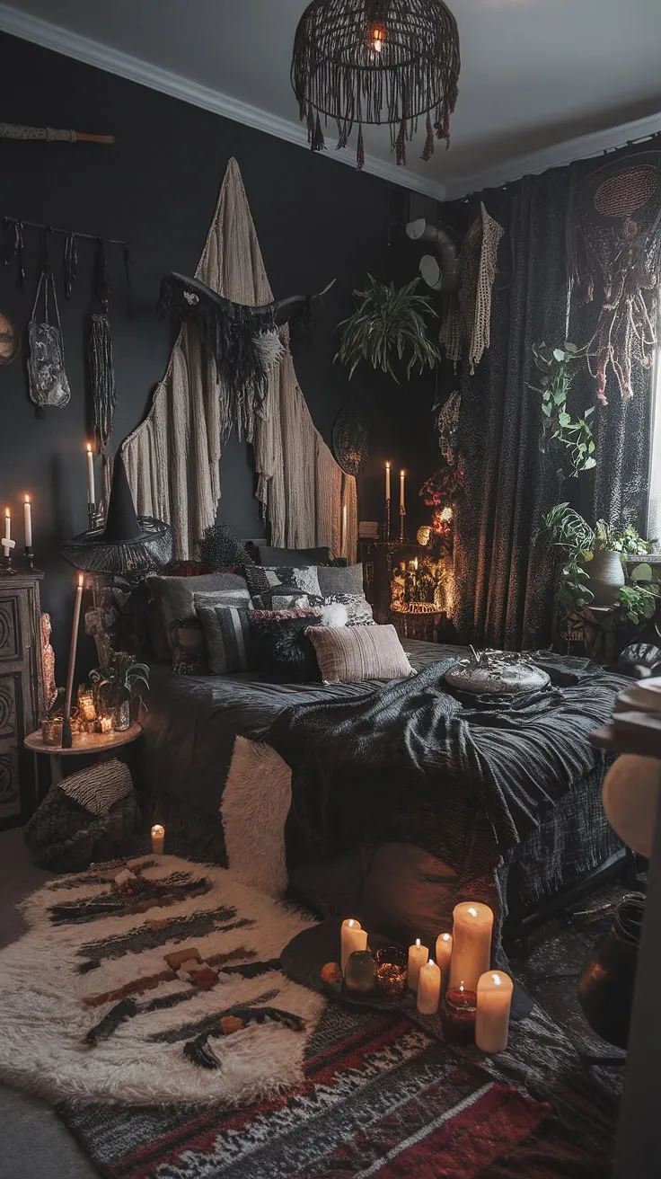 Embrace the enchanting darkness. This gothic boho bedroom, a maximalist whisigoth haven, blends moody cottage core charm with a dark boho aesthetic.  The alternative bedroom aesthetic is complete with a dark witch vibe, offering moody rooms inspiration for those seeking a unique and captivating space.  A gothic apartment bedroom transformed into a sanctuary of bohemian gothic dreams.