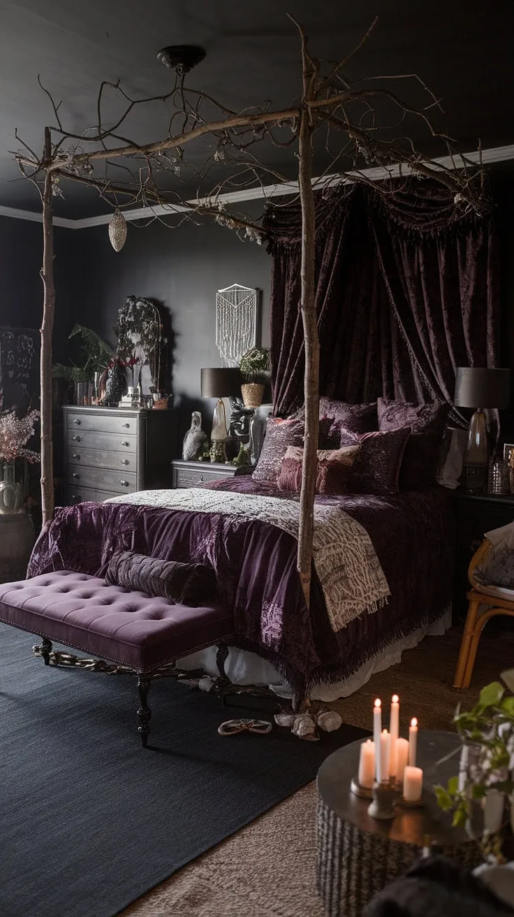 A dark witch aesthetic bedroom meets bohemian dreams in this gothic apartment bedroom.  The maximalist whisigoth details and moody cottage core elements create a captivating dark boho bedroom aesthetic, offering a unique alternative bedroom aesthetic and plenty of moody rooms inspiration for your own gothic boho bedroom design.