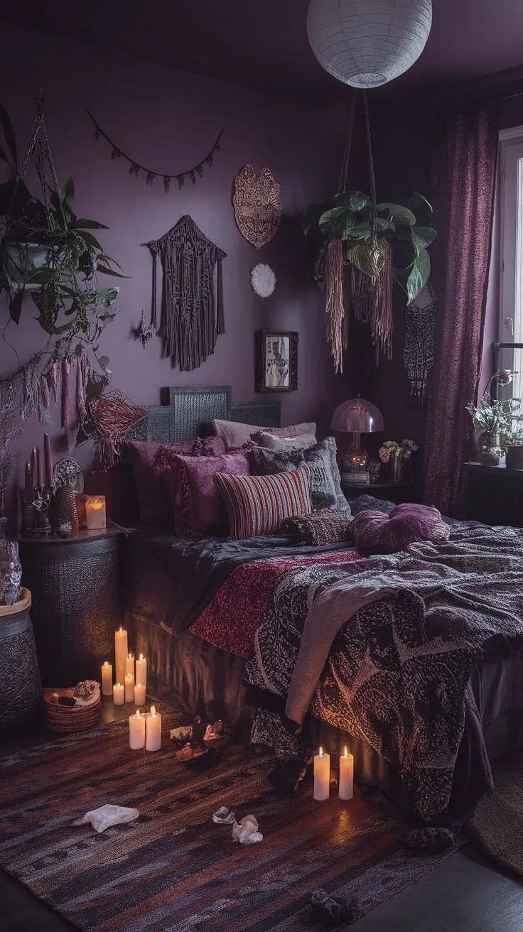 Embrace the enchanting allure of this gothic boho bedroom; a maximalist whisigoth haven where moody cottage core charm meets a dark boho aesthetic.  This alternative bedroom aesthetic, a dark witch aesthetic bedroom in its essence, offers moody rooms inspiration for those seeking a unique and captivating space.
