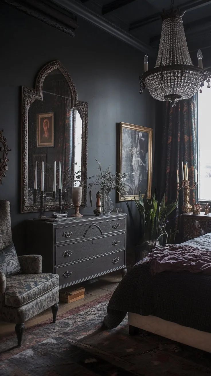 Dive into the captivating depths of this dark boho bedroom aesthetic.  A gothic apartment bedroom transformed into a maximalist whisigoth bedroom, this space exudes a moody cottage core bedroom vibe.  The alternative bedroom aesthetic is flawlessly achieved through a blend of gothic boho bedroom elements and dark witch aesthetic details, providing ample moody rooms inspiration for those seeking a unique and enchanting sanctuary. This boho gothic bedroom is a testament to the power of curated darkness.