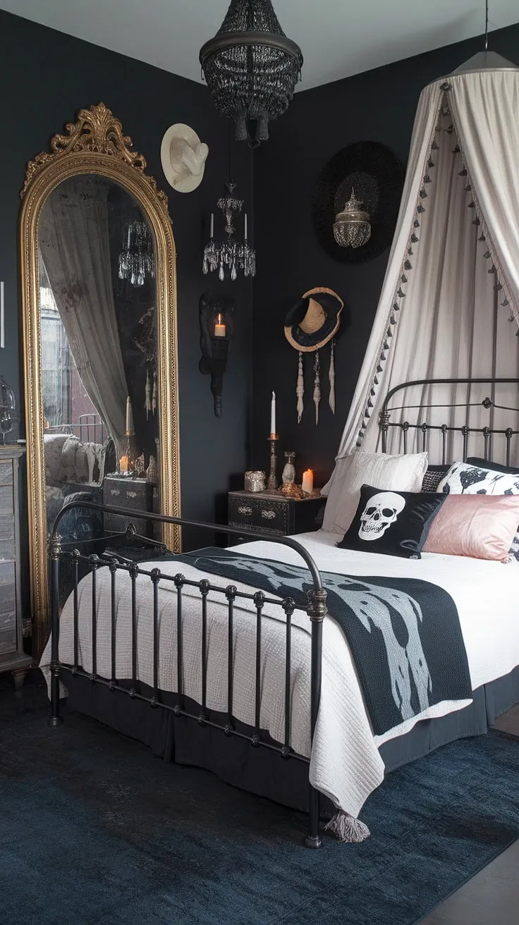 A dark witch aesthetic bedroom finds its perfect expression in this boho gothic bedroom.  The gothic apartment bedroom's maximalist whisigoth design blends moody cottage core elements with a dark boho bedroom aesthetic, creating an alternative bedroom aesthetic that's both captivating and inspiring.  Find your moody rooms inspiration here.