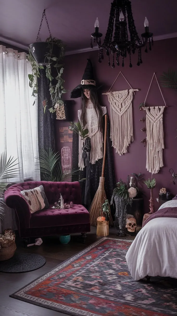 Embrace the enchanting allure of this boho gothic bedroom.  A dark witch aesthetic bedroom, this maximalist whisigoth space seamlessly blends gothic elements – a skull, black chandelier, deep purple walls – with the whimsical charm of a moody cottage core bedroom.  The alternative bedroom aesthetic is complete with a broomstick, cauldron, and lush plants, creating a truly unique dark boho bedroom aesthetic.  Find your moody rooms inspiration here.