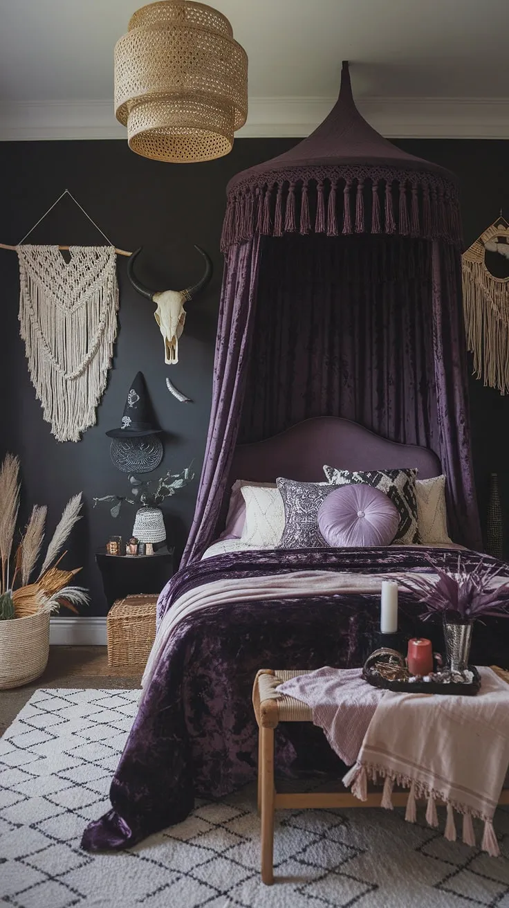 Step inside this gothic apartment bedroom, a captivating blend of dark boho bedroom aesthetic and moody cottage core.  This maximalist whisigoth bedroom overflows with character, showcasing a dark witch aesthetic bedroom through its rich textures, gothic details, and bohemian charm. Find your moody rooms inspiration in this alternative bedroom aesthetic.