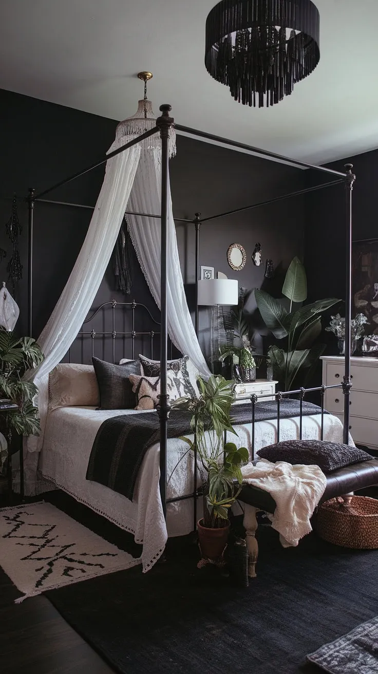 Escape to this gothic boho bedroom, a maximalist whisigoth haven where dark boho bedroom aesthetic meets moody cottage core bedroom.  The alternative bedroom aesthetic is complete with a black iron canopy bed, lush plants, and a touch of dark witch aesthetic bedroom charm.  Perfect moody rooms inspiration for your gothic apartment bedroom.
