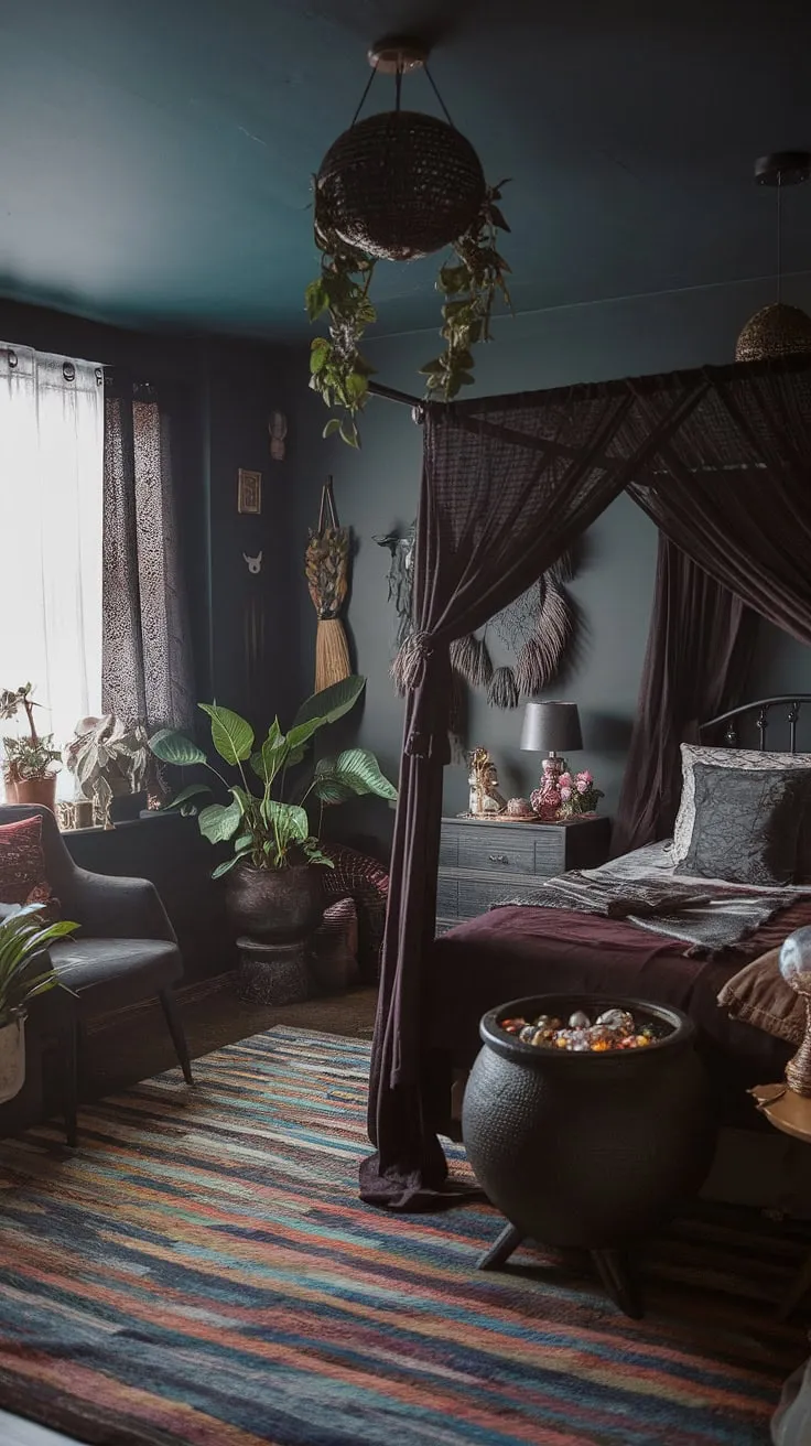 Embrace the shadows and the sunlight in this maximalist whisigoth bedroom.  A blend of gothic boho and moody cottage core, this alternative bedroom aesthetic is a dark boho dream, perfect for those seeking a dark witch aesthetic bedroom.  Find moody rooms inspiration in this gothic apartment bedroom, a testament to the captivating power of a boho gothic bedroom.