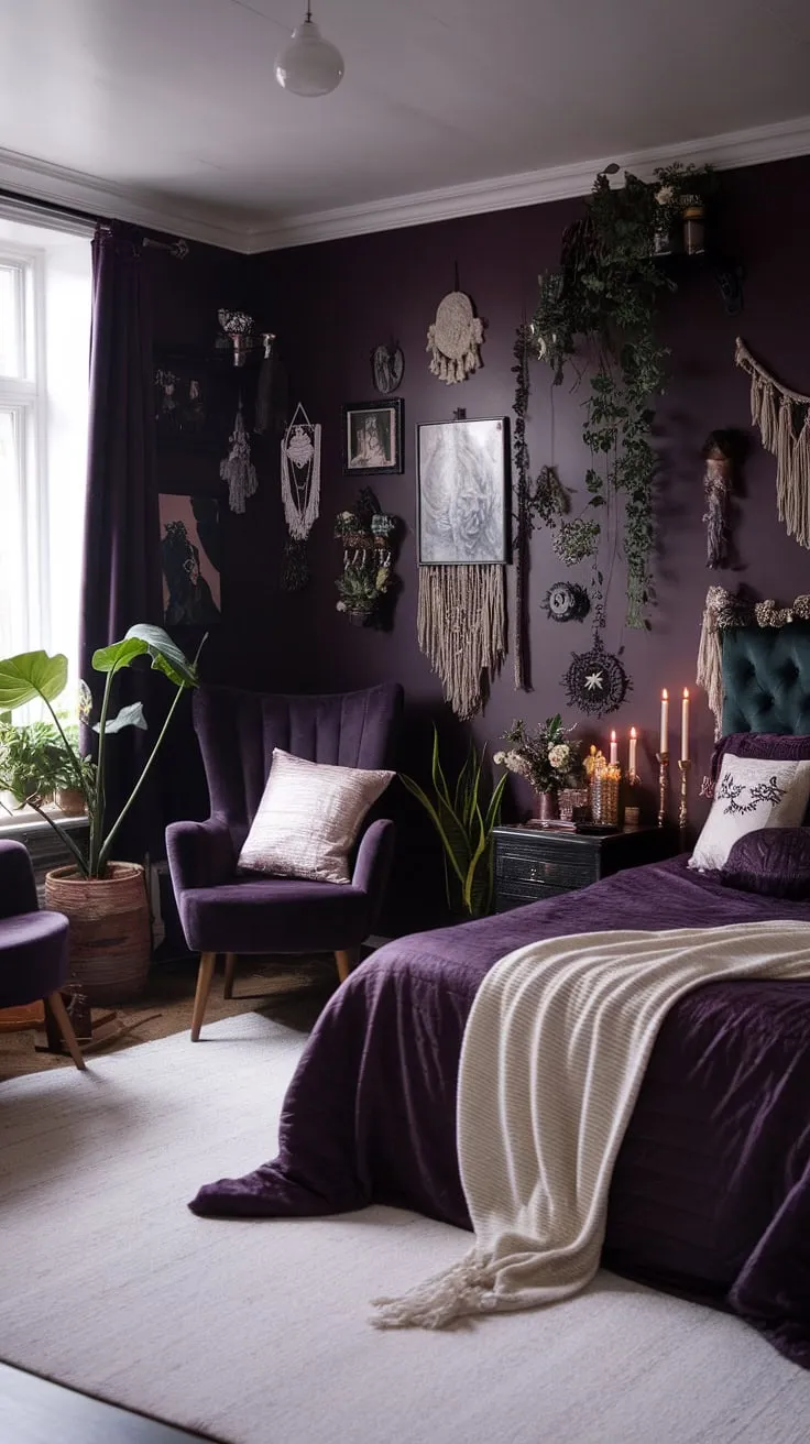 Dive into the enchanting world of this boho gothic bedroom, a dark and dreamy sanctuary. This maximalist whisigoth bedroom embraces a moody cottage core aesthetic, with its rich purple hues, eclectic décor, and abundance of plants.  The dark witch aesthetic bedroom is complete with cozy seating and a luxurious bed, offering a truly unique alternative bedroom aesthetic and plenty of dark boho bedroom aesthetic inspiration.