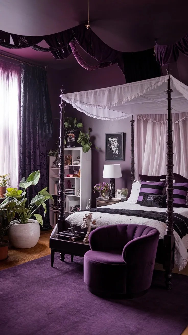 Embrace the shadows and the sunlight in this maximalist whisigoth bedroom.  A blend of gothic boho and moody cottage core, this alternative bedroom aesthetic showcases a dark boho bedroom aesthetic with a touch of dark witch aesthetic.  Find moody rooms inspiration in this gothic apartment bedroom, a testament to the captivating beauty of a boho gothic bedroom.