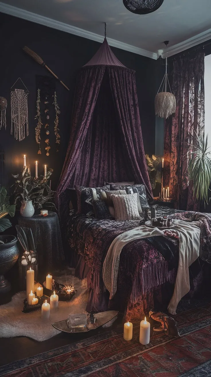 Embrace the shadows and the sunlight in this maximalist whisigoth bedroom.  A blend of gothic boho and moody cottage core, this alternative bedroom aesthetic offers a dark boho bedroom aesthetic with a touch of dark witch aesthetic.  Find moody rooms inspiration in this captivating gothic apartment bedroom, a testament to the beauty of a boho gothic bedroom.