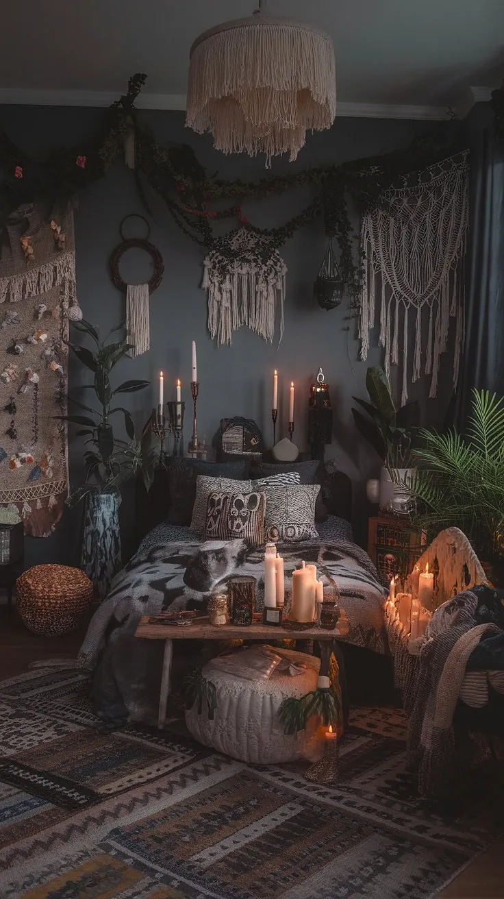 Embrace the enchanting darkness of this gothic boho bedroom, a maximalist whisigoth haven where moody cottage core meets alternative bedroom aesthetic.  Dark boho and dark witch aesthetic elements intertwine, creating a truly unique and inspiring space. This moody rooms inspiration is perfect for those seeking a captivating and personalized sanctuary.