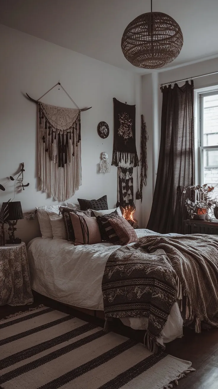 Embrace the shadows and the sunlight. This maximalist whisigoth bedroom, a blend of gothic boho and moody cottage core, offers a dark boho bedroom aesthetic perfect for the alternative bedroom aesthetic enthusiast.  A dark witch aesthetic bedroom, this space provides moody rooms inspiration for anyone seeking a unique and captivating gothic apartment bedroom.  The result? A truly enchanting boho gothic bedroom.